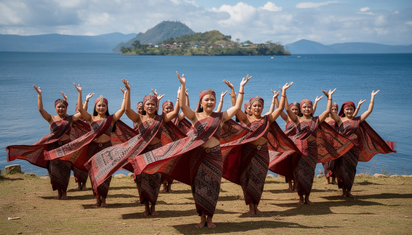 Pertunjukan tari Sigale-gale di pinggir Danau Toba dengan pemandangan danau di latar belakang