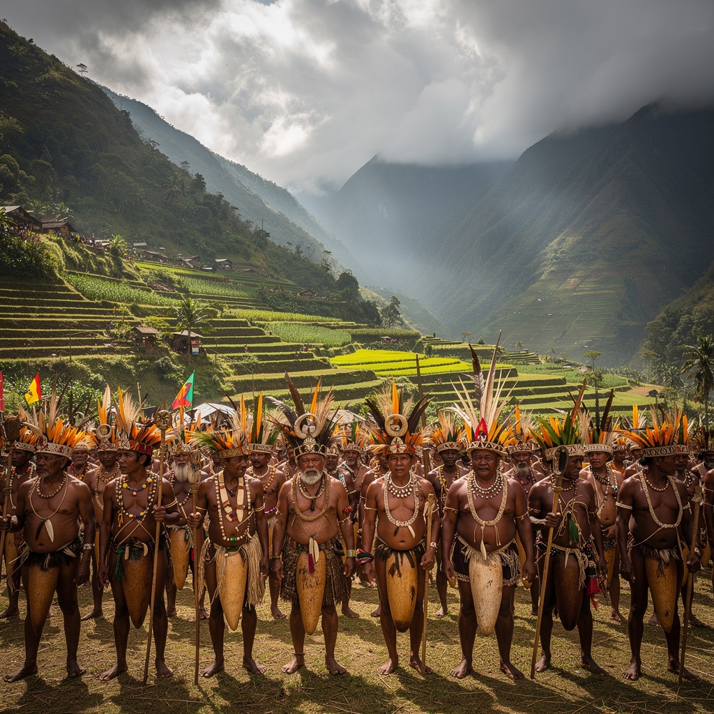 Pria suku Dani Papua dalam pakaian adat tradisional saat festival Lembah Baliem