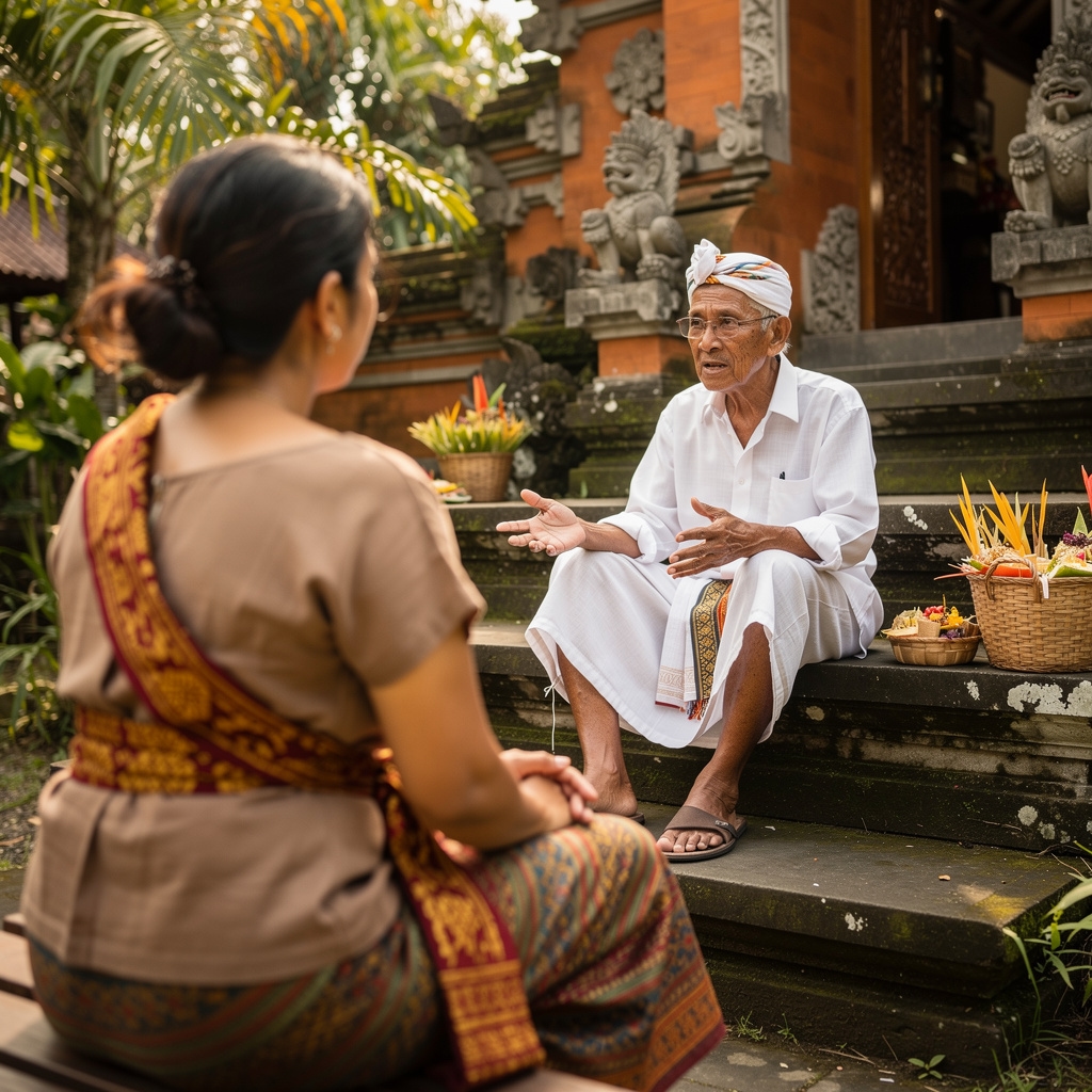 Wisatawan berinteraksi secara hormat dengan anggota komunitas adat Indonesia