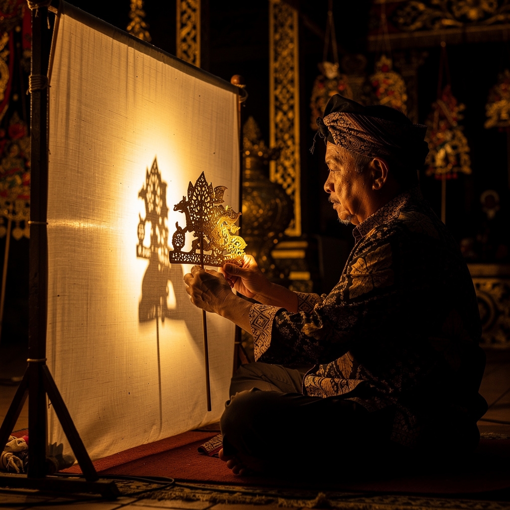 Dalang senior memainkan wayang kulit dalam pertunjukan tradisional Jawa