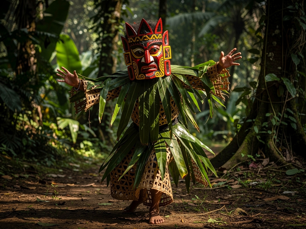 Penari Dayak mengenakan topeng Hudoq berwarna-warni dalam ritual panen tradisional di Kalimantan