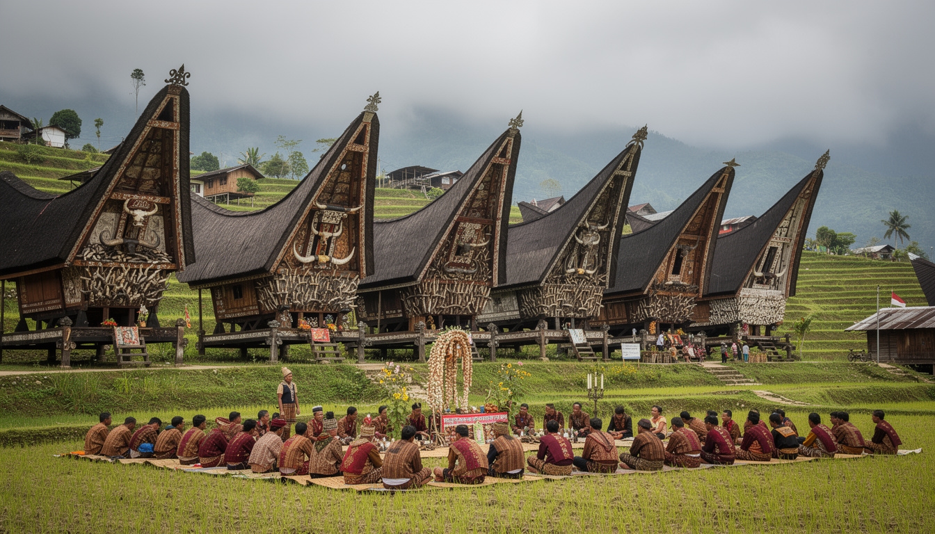 Upacara Rambu Solo Toraja dengan kerbau dan rumah adat tongkonan di latar belakang