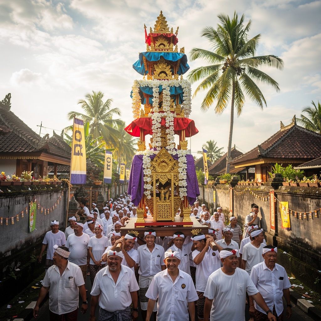 Prosesi upacara Ngaben di Bali dengan ornamen tradisional berwarna-warni